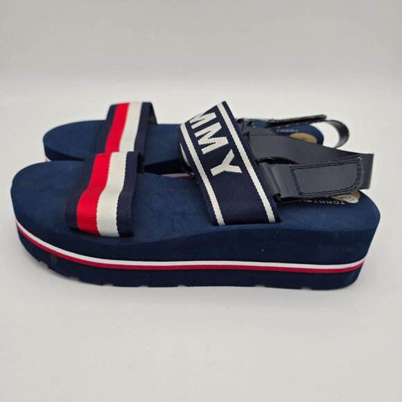 Tommy Hilfiger Womens Navy Platform Sandals Size 8 With Red & White Straps - Picture 2 of 10